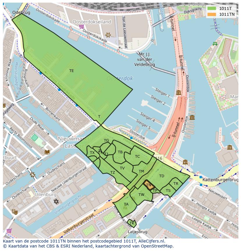 Afbeelding van het postcodegebied 1011 TN op de kaart.