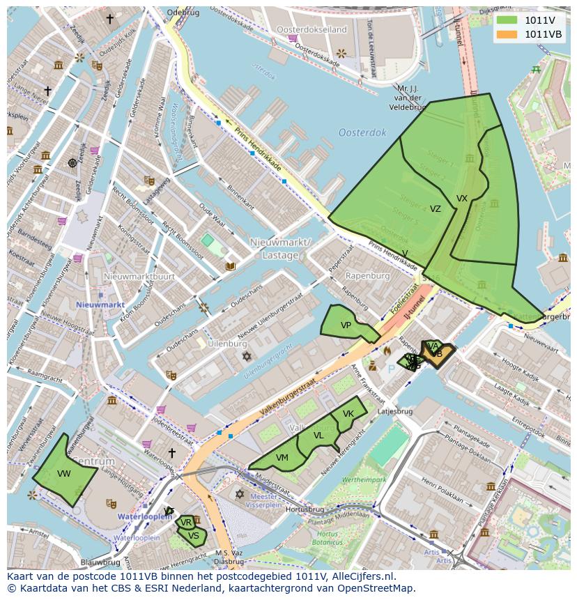 Afbeelding van het postcodegebied 1011 VB op de kaart.