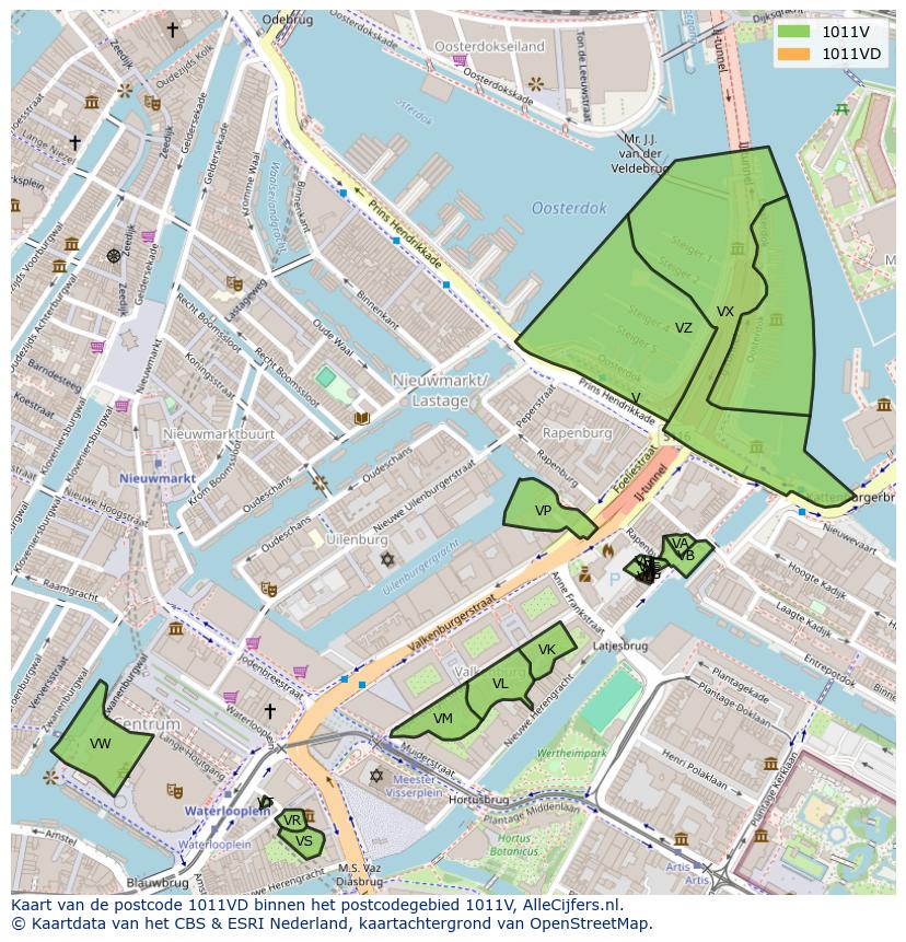 Afbeelding van het postcodegebied 1011 VD op de kaart.