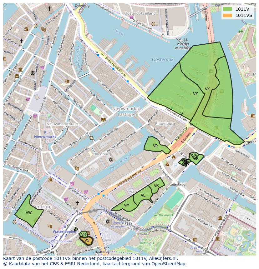 Afbeelding van het postcodegebied 1011 VS op de kaart.