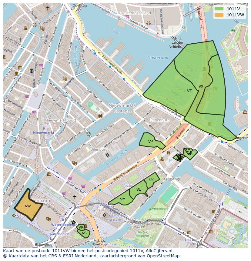 Afbeelding van het postcodegebied 1011 VW op de kaart.