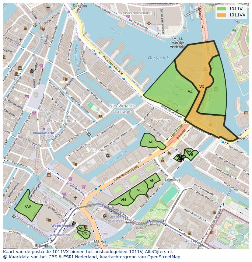 Afbeelding van het postcodegebied 1011 VX op de kaart.