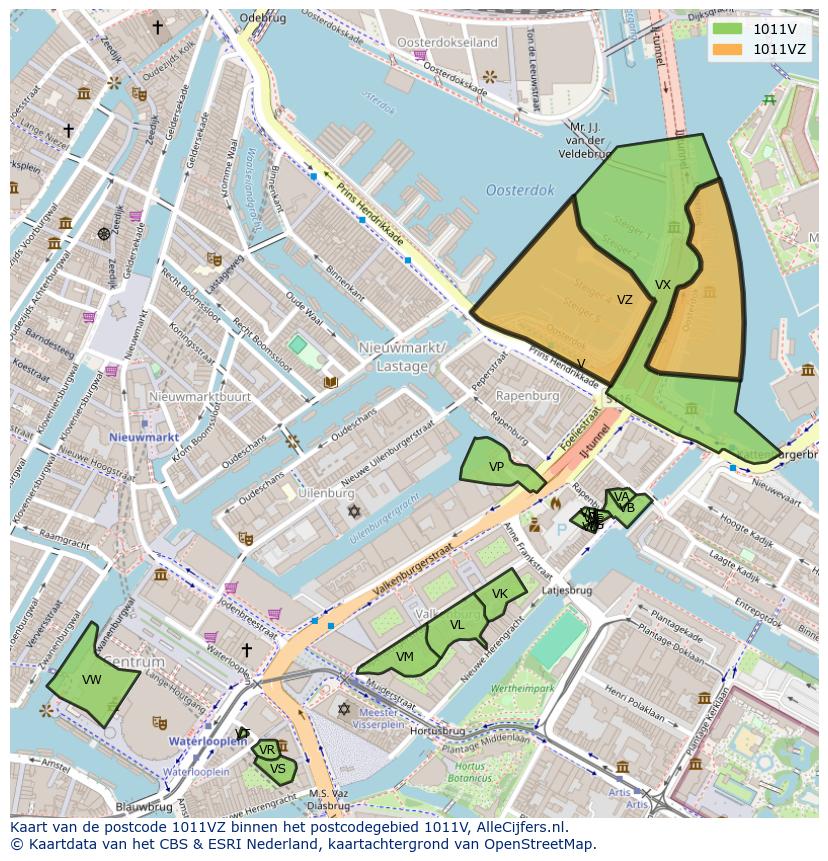 Afbeelding van het postcodegebied 1011 VZ op de kaart.
