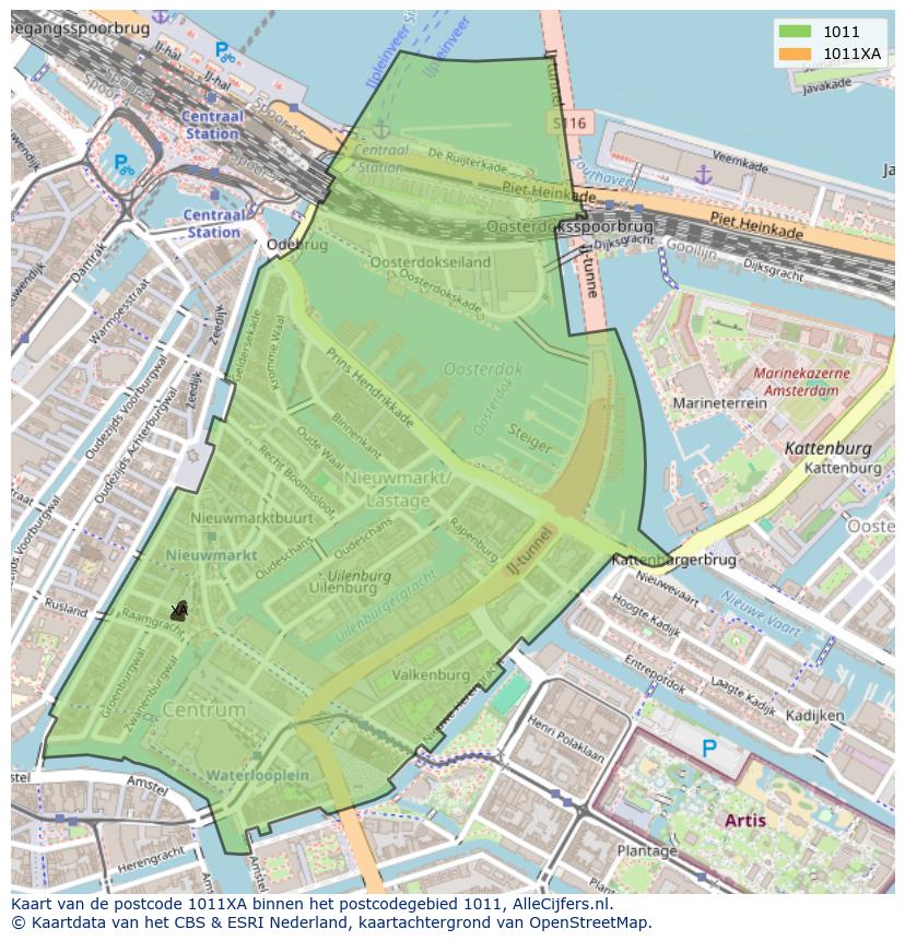 Afbeelding van het postcodegebied 1011 XA op de kaart.