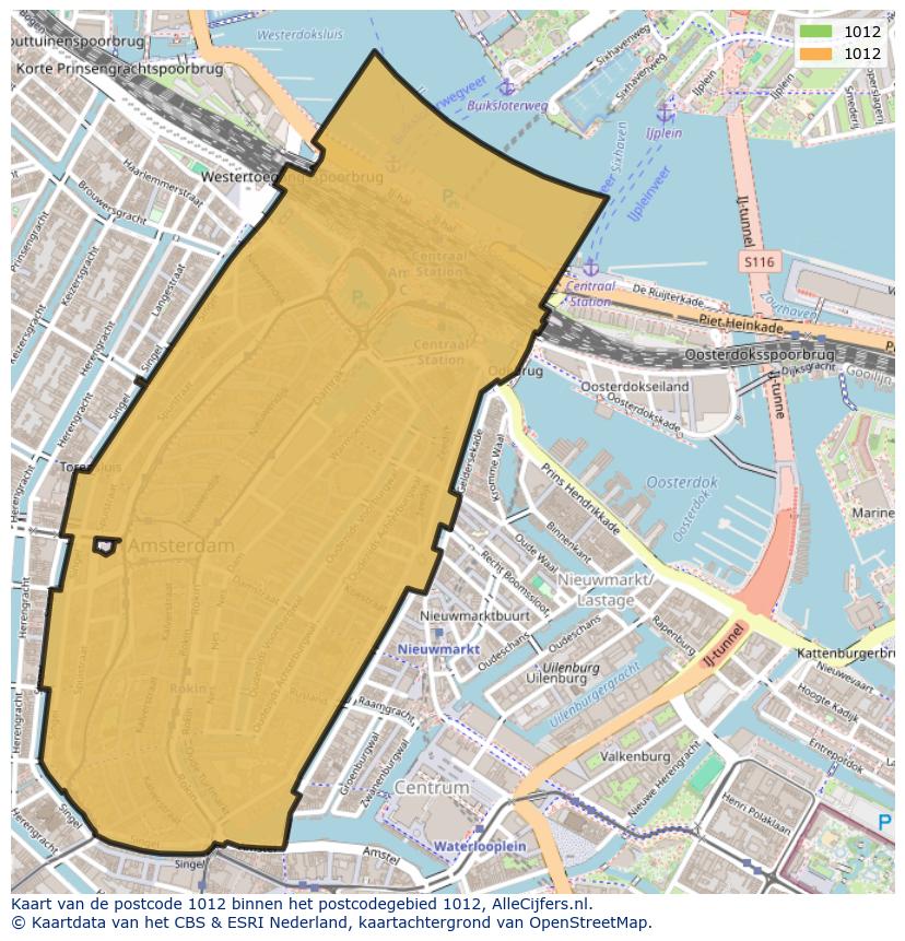 Afbeelding van het postcodegebied 1012 op de kaart.