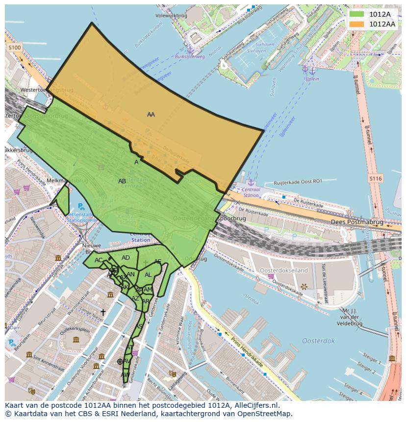 Afbeelding van het postcodegebied 1012 AA op de kaart.