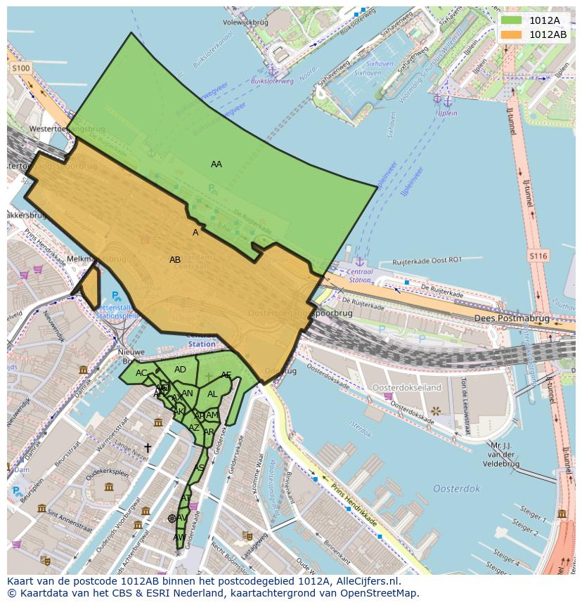 Afbeelding van het postcodegebied 1012 AB op de kaart.