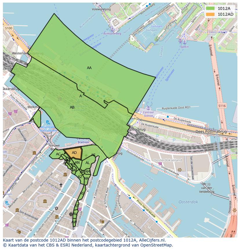 Afbeelding van het postcodegebied 1012 AD op de kaart.
