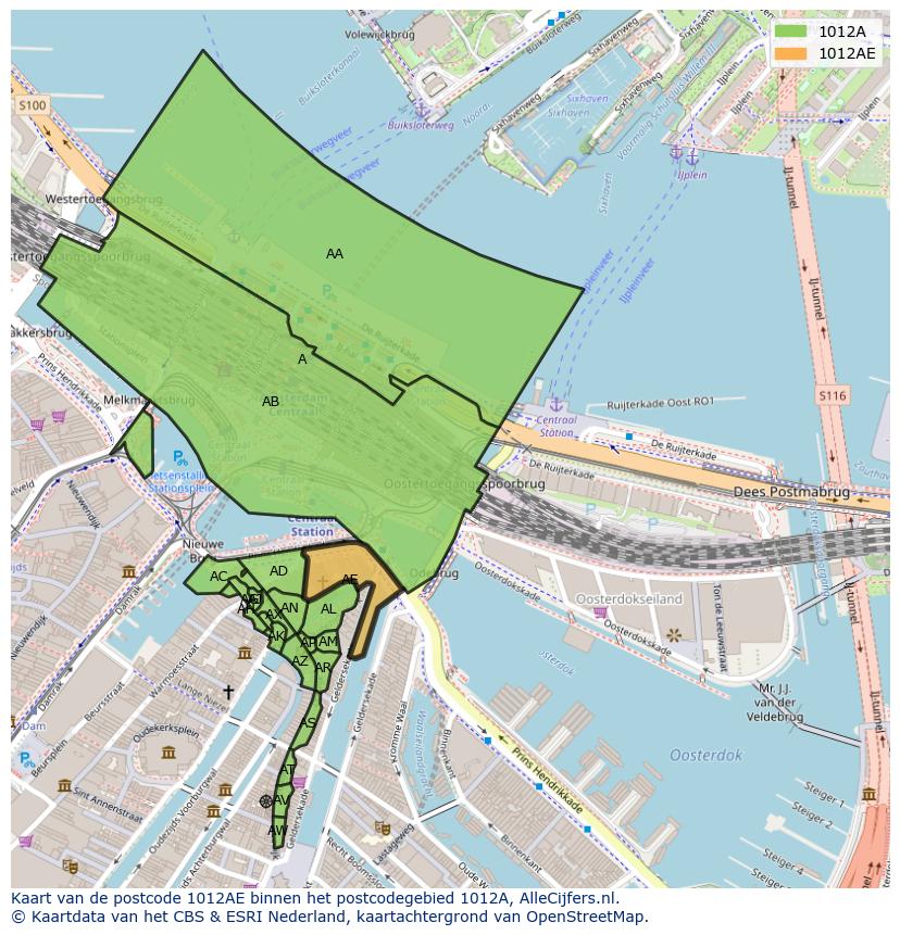 Afbeelding van het postcodegebied 1012 AE op de kaart.
