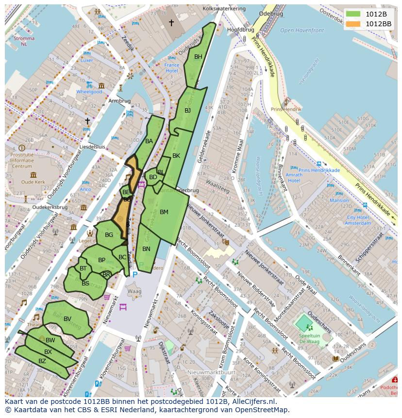 Afbeelding van het postcodegebied 1012 BB op de kaart.