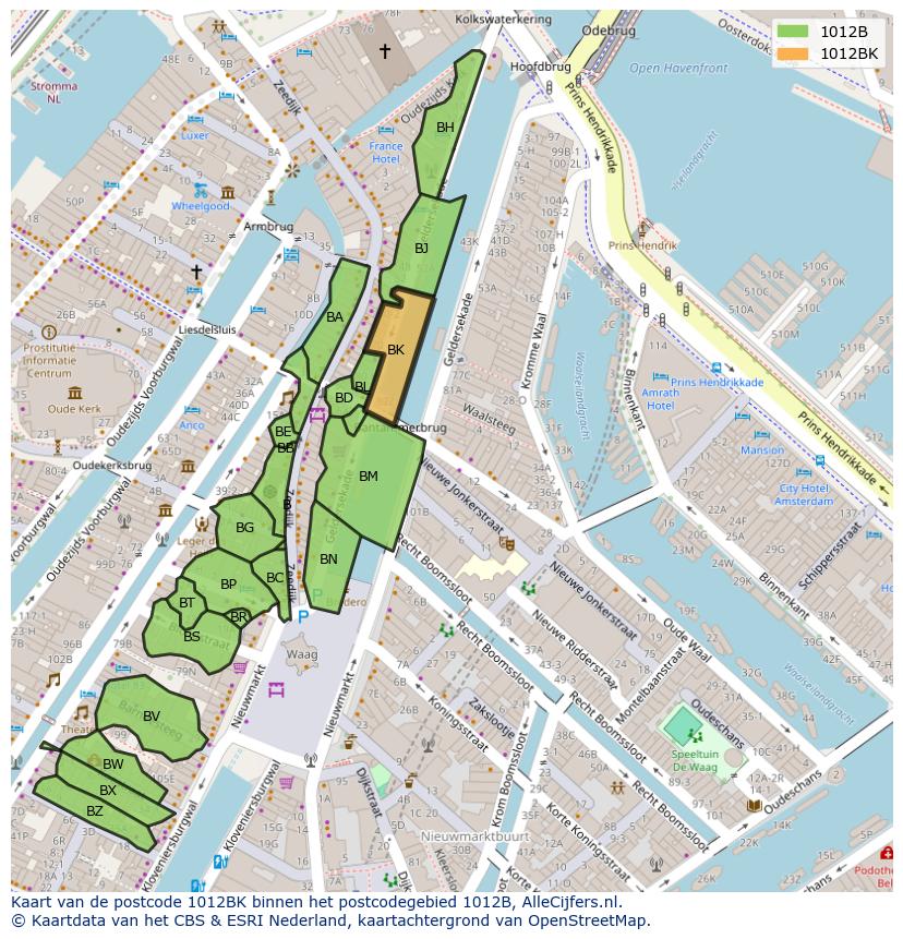 Afbeelding van het postcodegebied 1012 BK op de kaart.