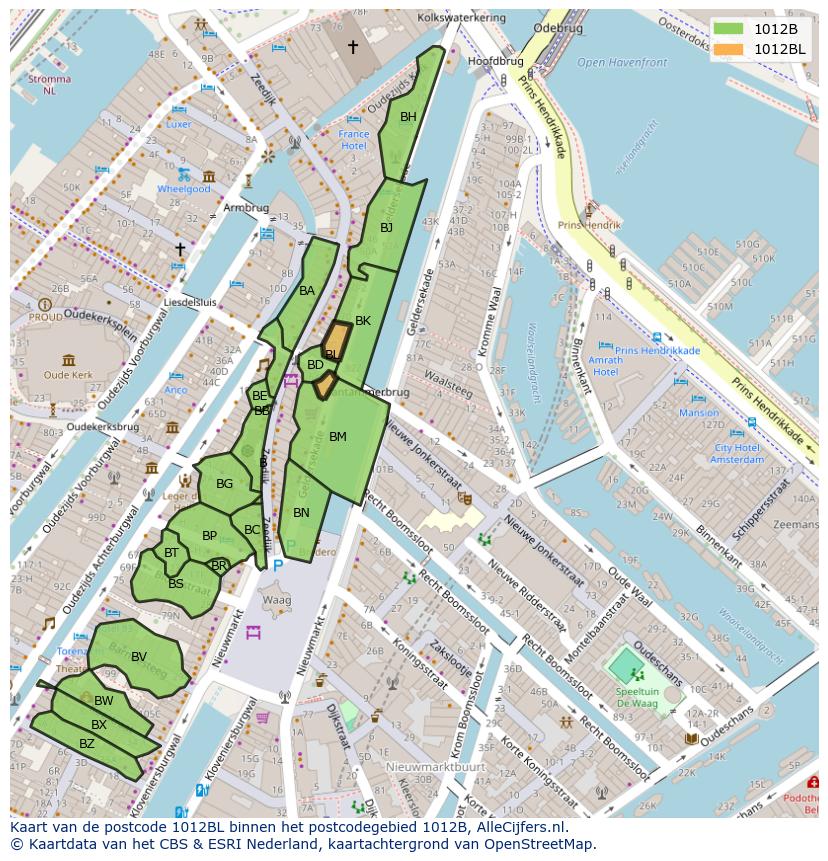 Afbeelding van het postcodegebied 1012 BL op de kaart.