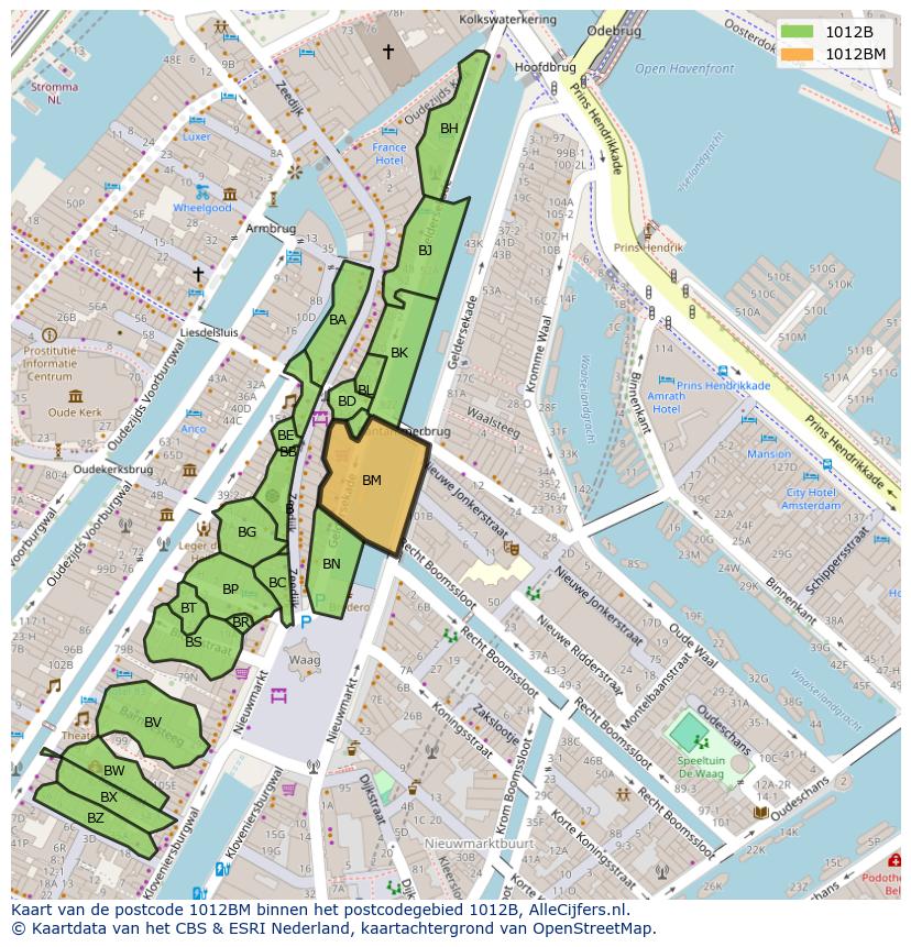 Afbeelding van het postcodegebied 1012 BM op de kaart.