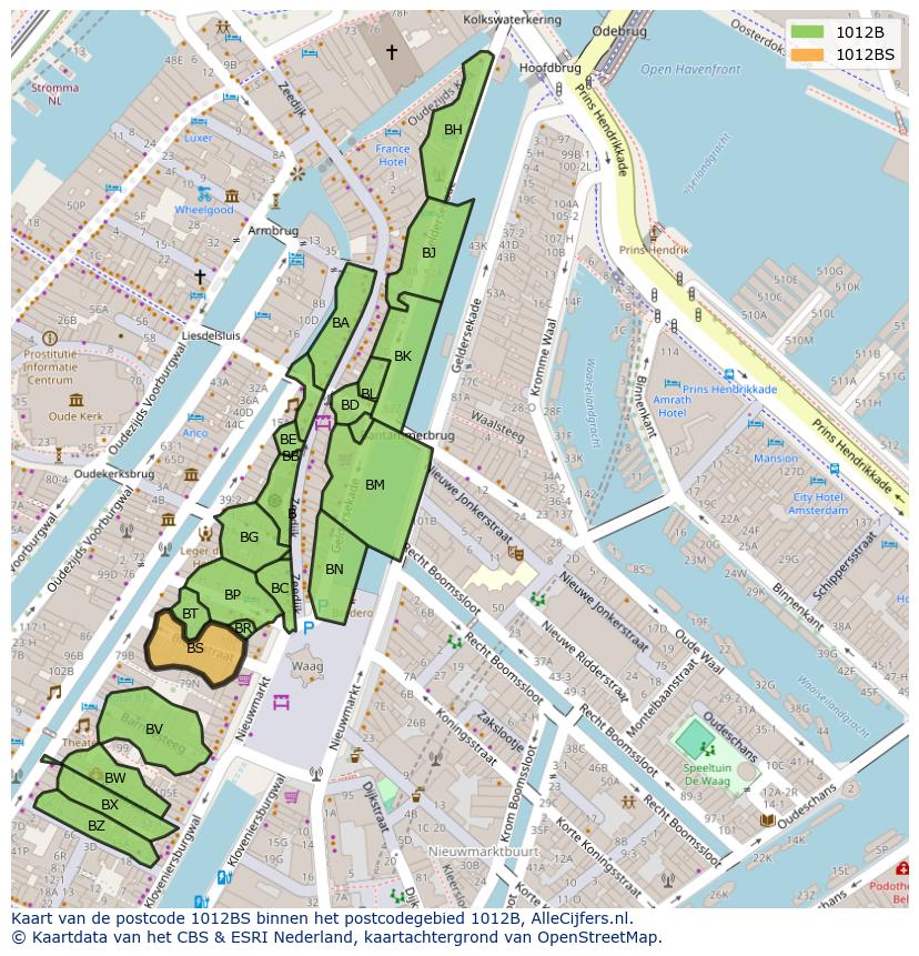 Afbeelding van het postcodegebied 1012 BS op de kaart.