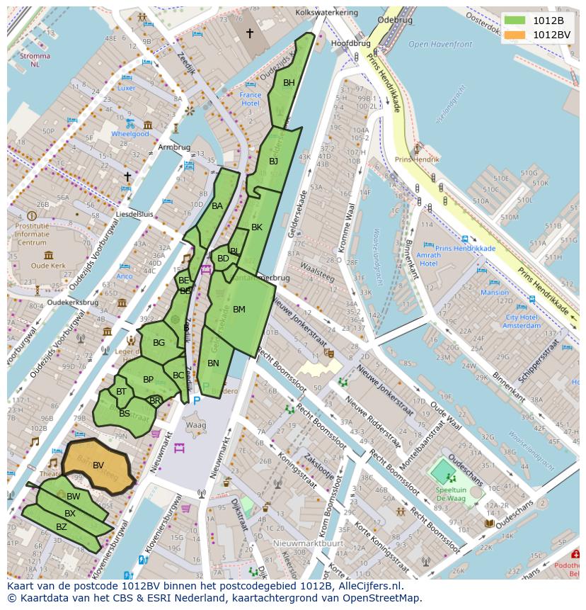 Afbeelding van het postcodegebied 1012 BV op de kaart.