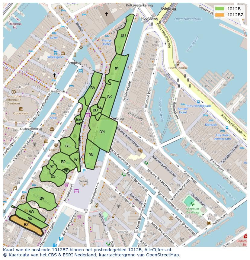 Afbeelding van het postcodegebied 1012 BZ op de kaart.