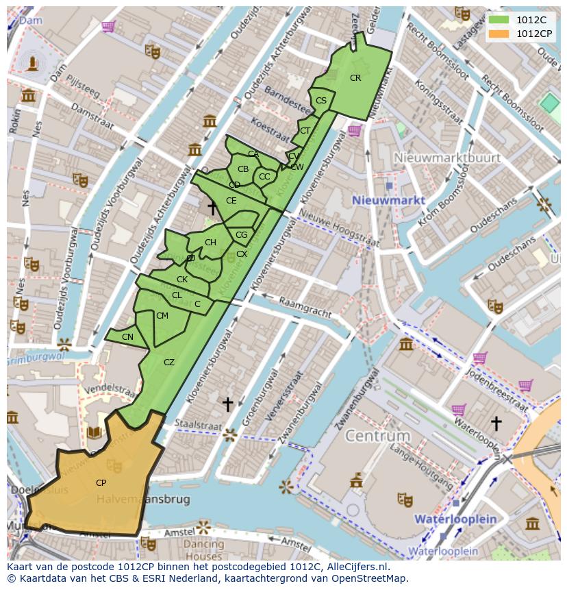 Afbeelding van het postcodegebied 1012 CP op de kaart.