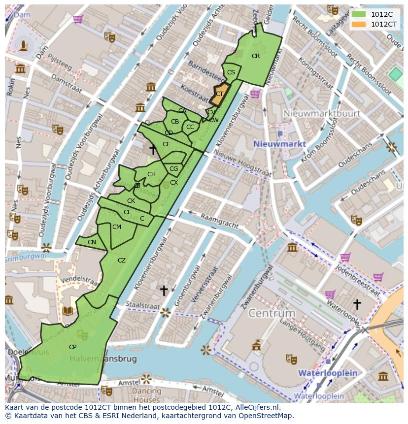 Afbeelding van het postcodegebied 1012 CT op de kaart.
