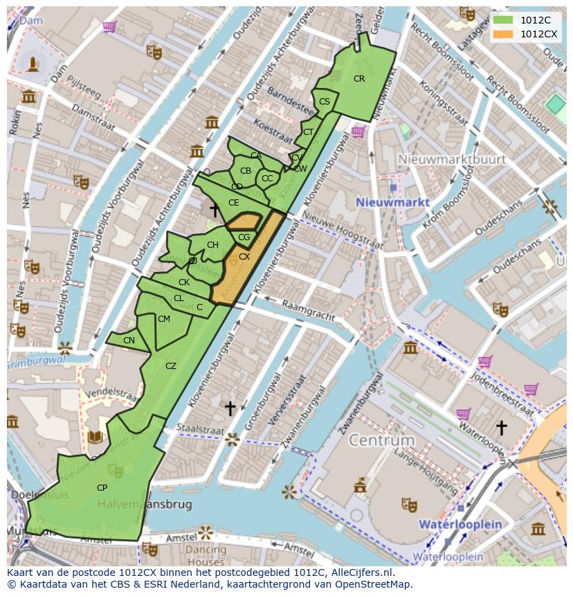 Afbeelding van het postcodegebied 1012 CX op de kaart.