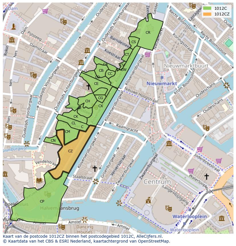 Afbeelding van het postcodegebied 1012 CZ op de kaart.