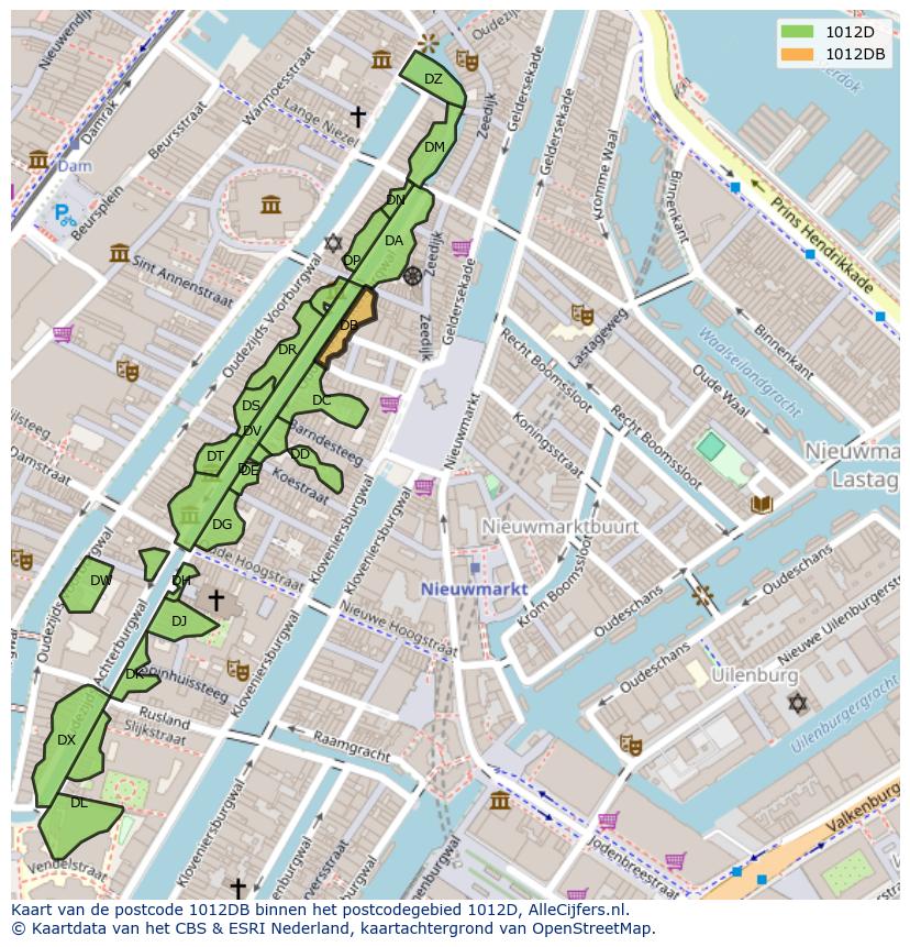 Afbeelding van het postcodegebied 1012 DB op de kaart.
