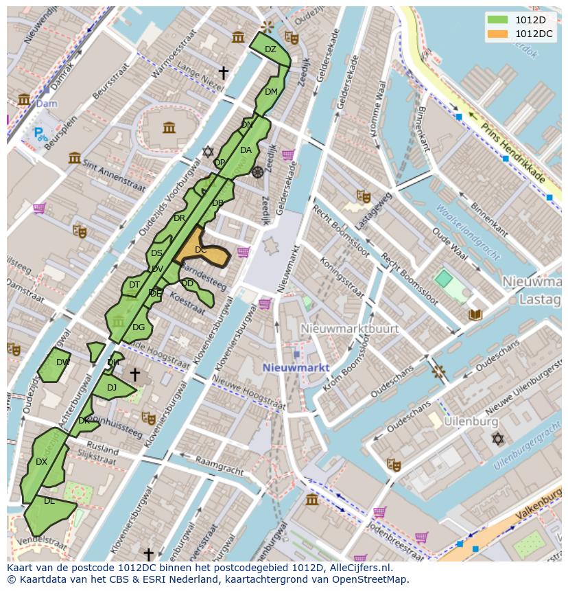 Afbeelding van het postcodegebied 1012 DC op de kaart.