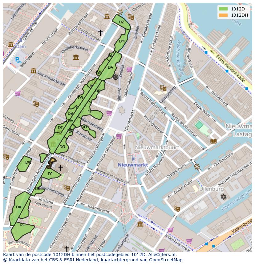 Afbeelding van het postcodegebied 1012 DH op de kaart.