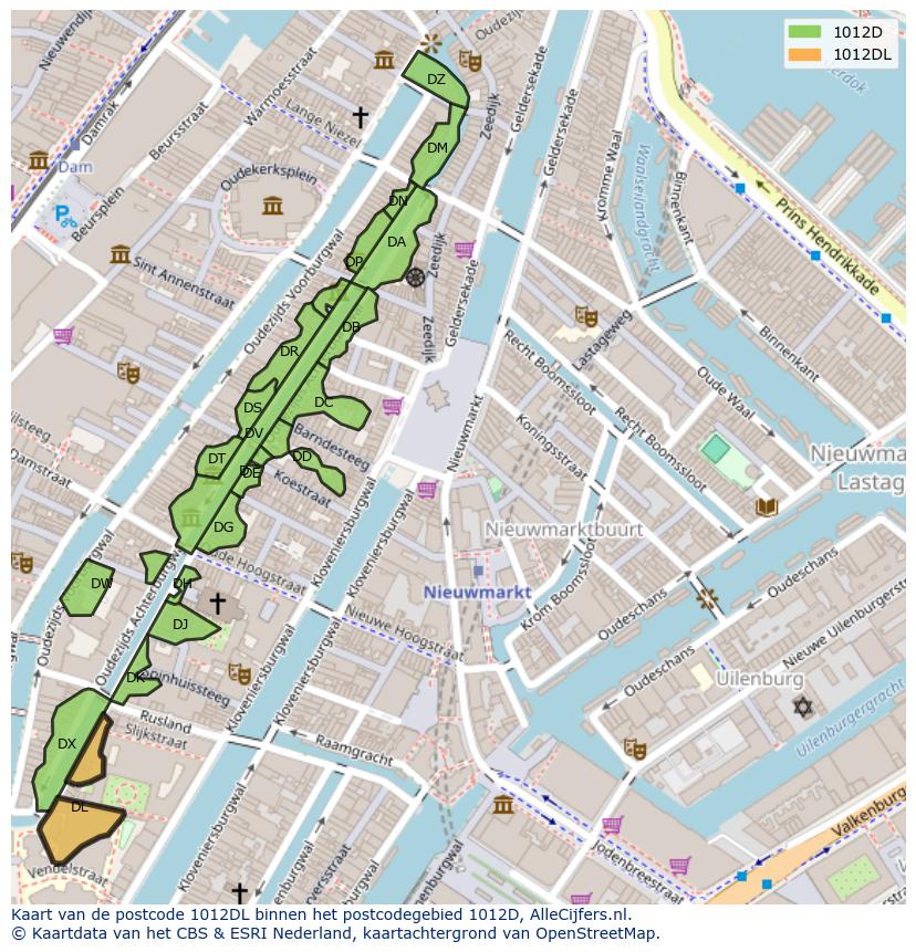 Afbeelding van het postcodegebied 1012 DL op de kaart.