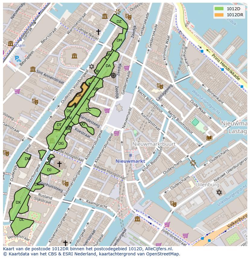 Afbeelding van het postcodegebied 1012 DR op de kaart.