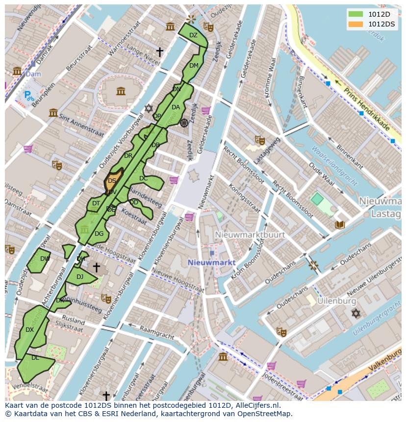 Afbeelding van het postcodegebied 1012 DS op de kaart.