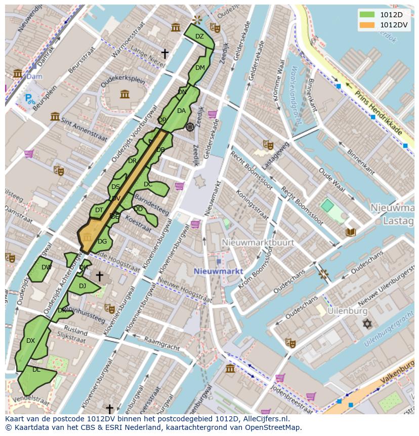 Afbeelding van het postcodegebied 1012 DV op de kaart.