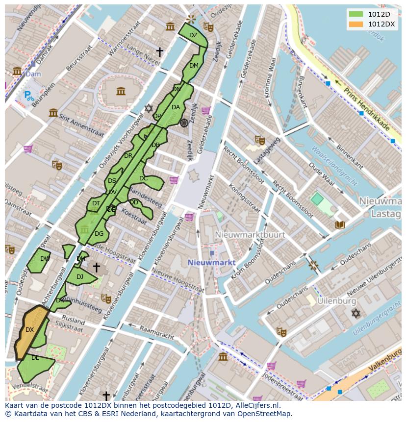 Afbeelding van het postcodegebied 1012 DX op de kaart.