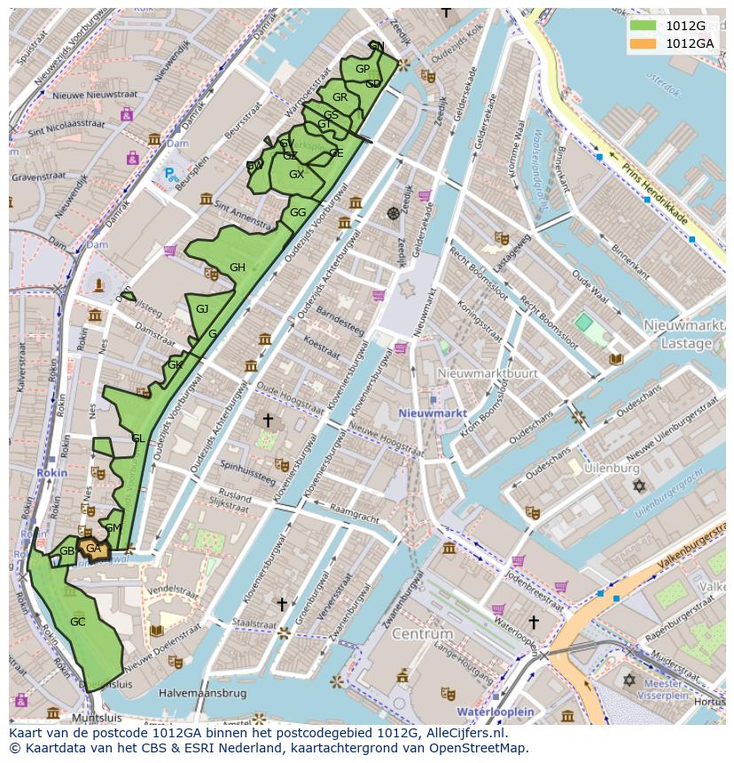 Afbeelding van het postcodegebied 1012 GA op de kaart.