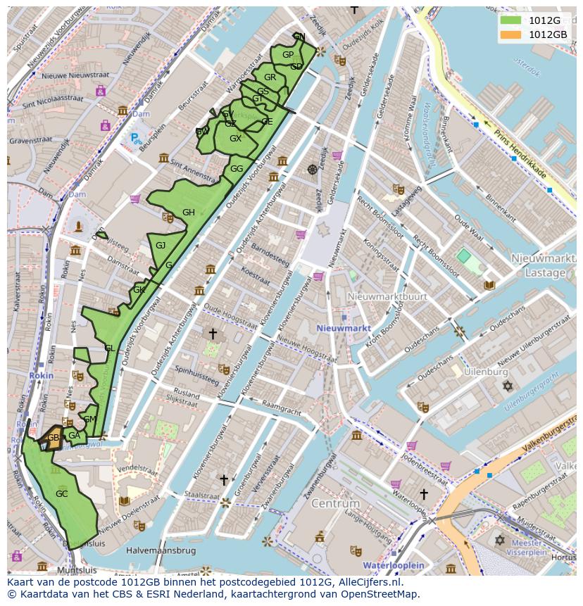 Afbeelding van het postcodegebied 1012 GB op de kaart.