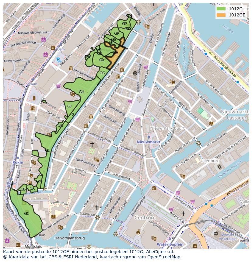 Afbeelding van het postcodegebied 1012 GE op de kaart.
