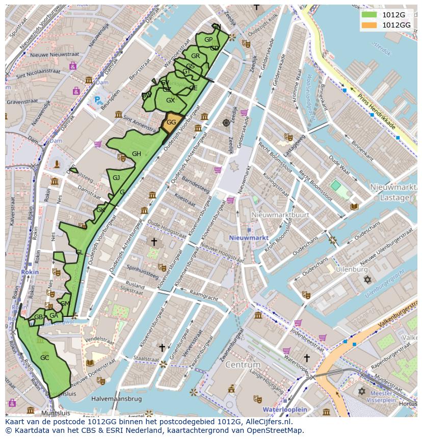 Afbeelding van het postcodegebied 1012 GG op de kaart.