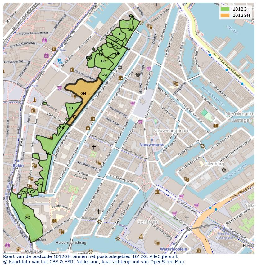 Afbeelding van het postcodegebied 1012 GH op de kaart.