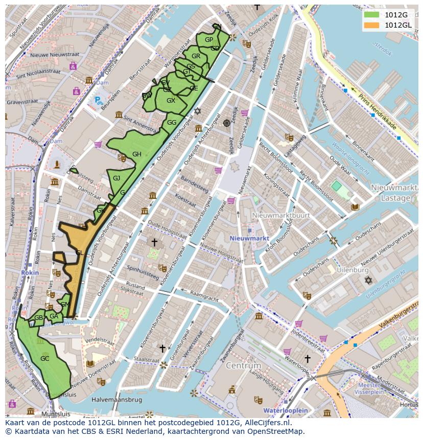 Afbeelding van het postcodegebied 1012 GL op de kaart.