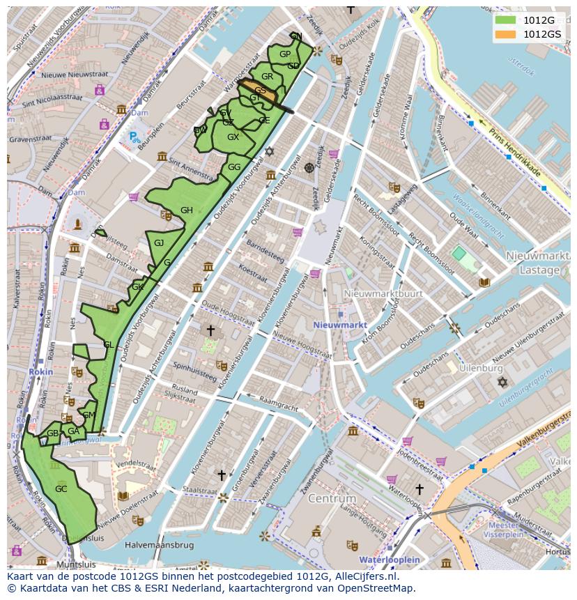 Afbeelding van het postcodegebied 1012 GS op de kaart.