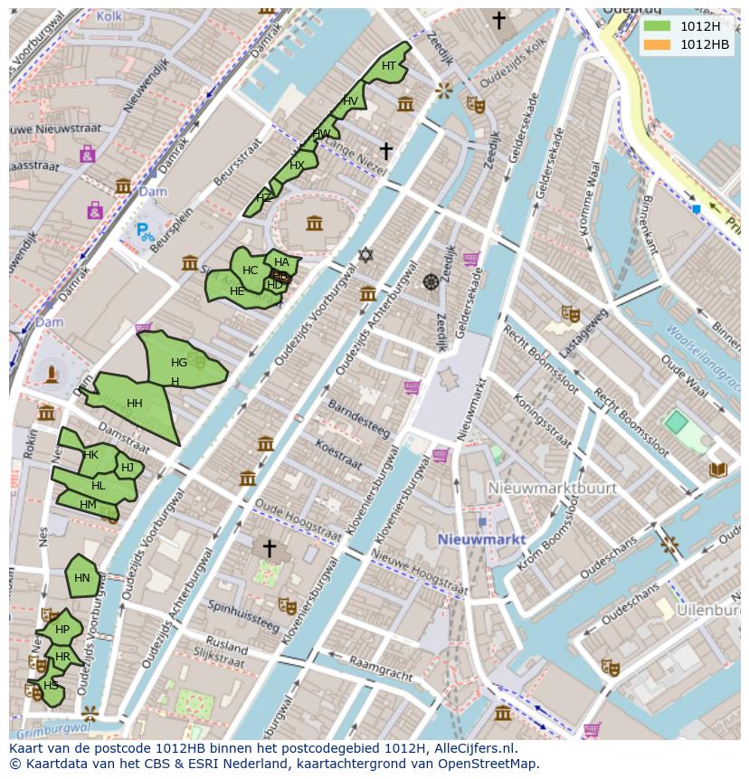Afbeelding van het postcodegebied 1012 HB op de kaart.