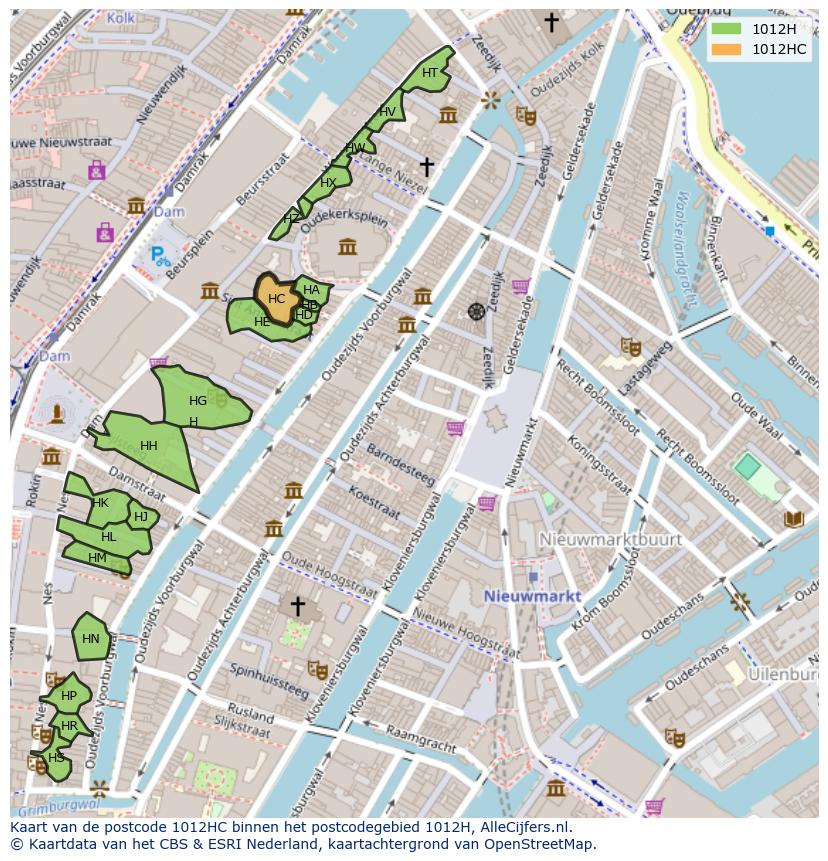 Afbeelding van het postcodegebied 1012 HC op de kaart.