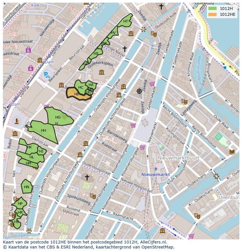 Afbeelding van het postcodegebied 1012 HE op de kaart.
