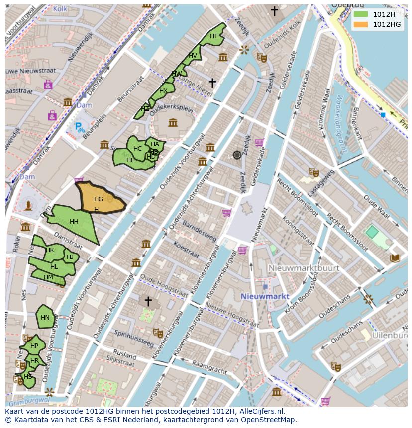 Afbeelding van het postcodegebied 1012 HG op de kaart.
