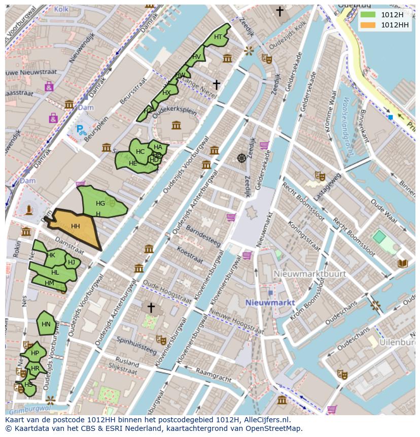 Afbeelding van het postcodegebied 1012 HH op de kaart.