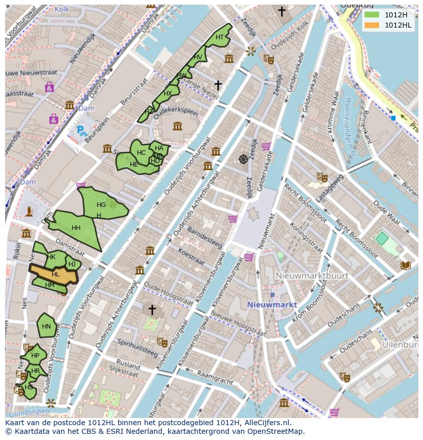Afbeelding van het postcodegebied 1012 HL op de kaart.
