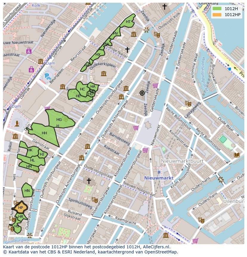 Afbeelding van het postcodegebied 1012 HP op de kaart.