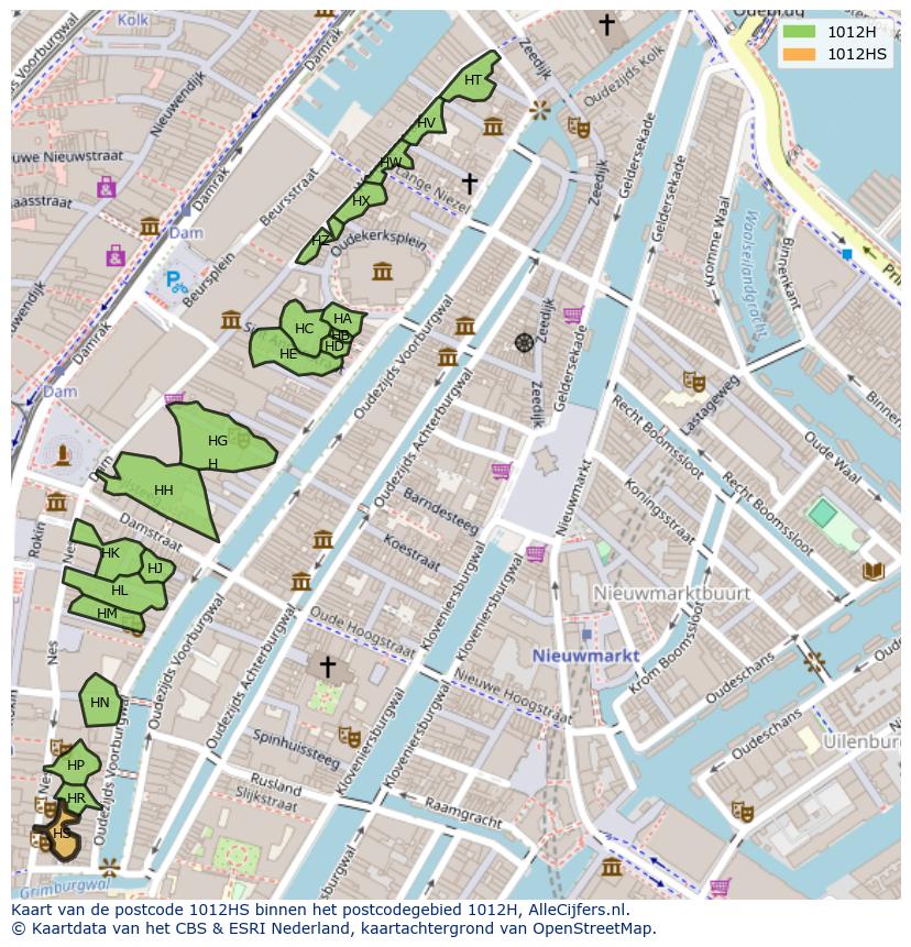 Afbeelding van het postcodegebied 1012 HS op de kaart.