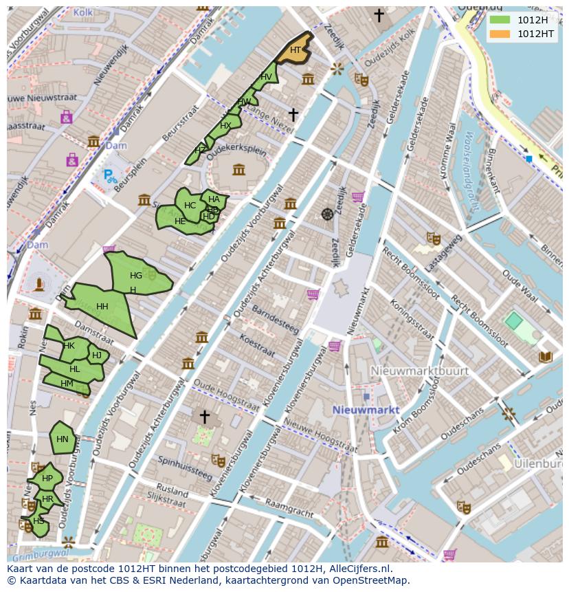 Afbeelding van het postcodegebied 1012 HT op de kaart.