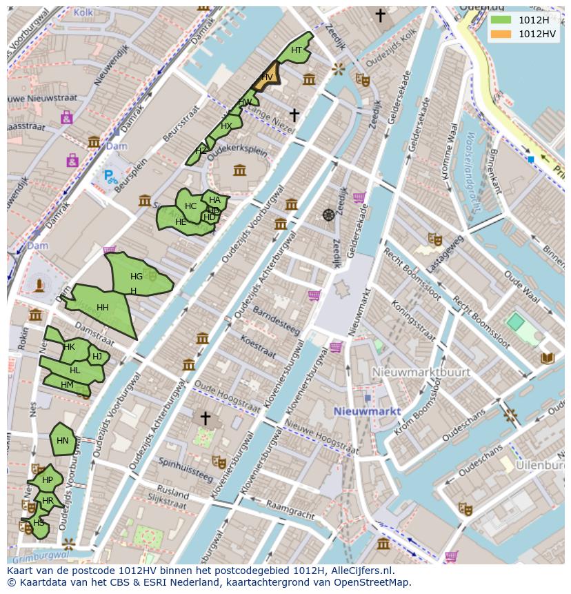 Afbeelding van het postcodegebied 1012 HV op de kaart.