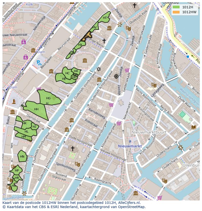 Afbeelding van het postcodegebied 1012 HW op de kaart.
